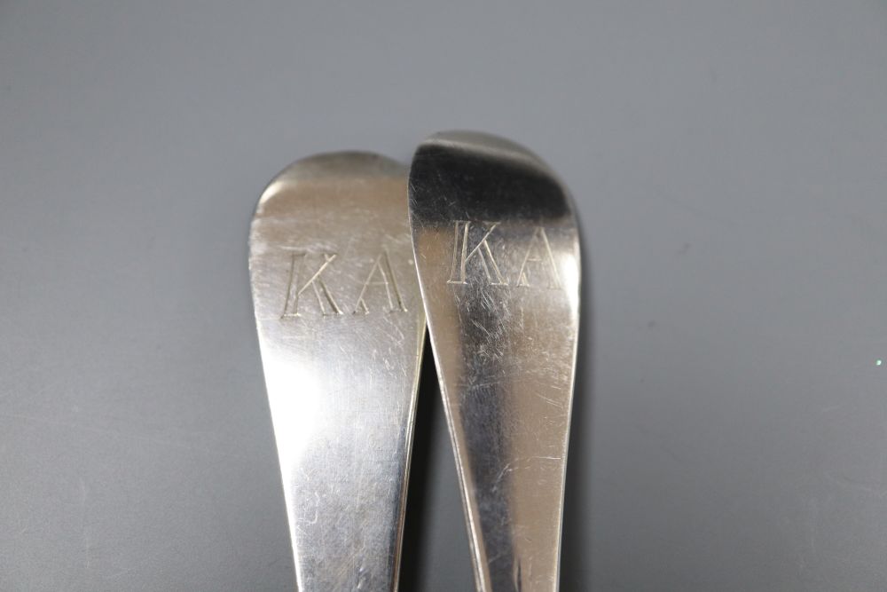 Two early 18th century silver Hanovarian rat tail pattern table spoons,